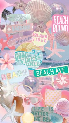 a collage of beach signs and seashells in pastel pink, blue, green, yellow and white