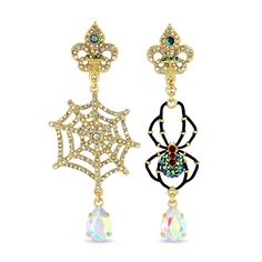 Mismatched Spider Web Halloween Chandelier Earrings Ritzy Couture Deluxe - 18k Gold Plated Sport these spooky spider earrings for a truly bewitching look! One earring showcases a sparkly spider drop while the other features a wicked web design. Both earrings of this pair are accented with Preciosa rhinestones and feature a faceted AB Pearshape Crystal at the bottom. You will surely make a bold and beautiful statement at every Halloween party you attend. The classic and wonderful combination of H Halloween Chandelier, Couture Halloween, Halloween Elements, Spider Earrings, Horse Earrings, Halloween Spider Web, Halloween 3, Pumpkin Earrings, One Earring