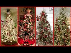 christmas trees are decorated with red, white and green decorations