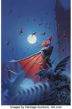 a painting of a bat flying in the sky with bats around him and on his back