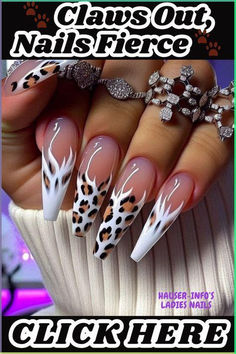 Leopard Print Nail Tips, Nails Half And Half Color, Almond Nails Leopard, Acrylic Nail Designs For Fall, Cheetah Fall Nails, Wild Nails, Club Nails, Animal Print Nail Art, Diy Valentine's Nails