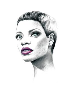 a drawing of a woman's face with short hair and purple lipstick on her lips