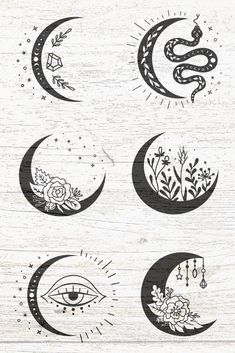 six phases of the moon with flowers and stars on them, all in black ink