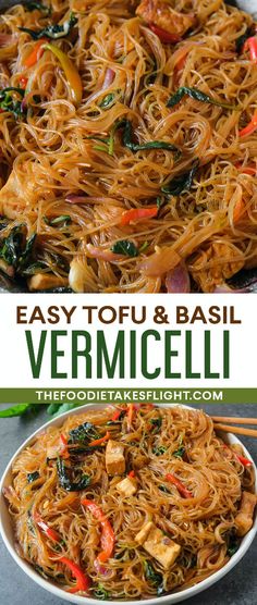 an easy tofu and basil vermicelli stir fry with chopsticks