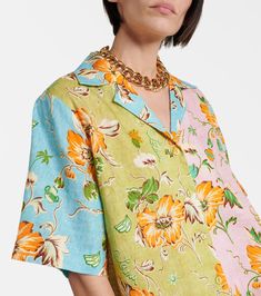 Multicolor Linen Tops For Spring, Summer Linen Patchwork Tops, Vacation Linen Blouse With Floral Print, Short Sleeve Linen Blouse With Floral Print, Floral Silk Shirt, Knit Dresses, Floral Patchwork, Tropical Flower, Printed Linen