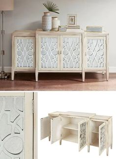 the sideboard is painted white and has an intricate design on it's doors