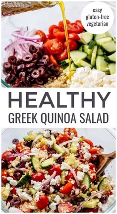 healthy greek quinoa salad with olives, cucumbers, tomatoes and feta cheese