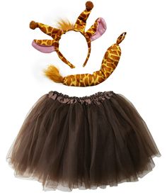 a giraffe costume with a tutu skirt and headband on top of it