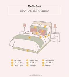 a bed with four different types of pillows on it and the words how to style your bed