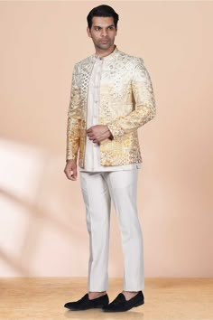 Expertly crafted with thread work, our Mens Bandhgala M42-S89 adds a touch of sophistication to any occasion. The open jacket design allows for easy movement, making it a comfortable and stylish option. Elevate your wardrobe with this statement piece. Jodh Puri Suit For Men, Open Jodhpuri Suits For Men, Jodhpuri Jacket Men, Haldi Outfits For Bride And Groom, Jodhpuri For Men Wedding, Bandgala For Men, Mens Bandhgala, Bandhgala Suit Men, Open Jodhpuri