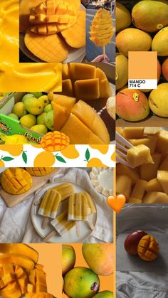 several pictures of different types of fruits and vegetables with oranges, mangoes, and other fruit