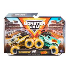 two monster jam trucks are in the packaging