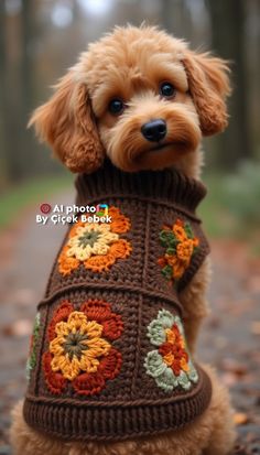 a small dog wearing a brown sweater with flowers on it's chest and collar