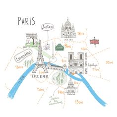 hand drawn map of paris with famous landmarks