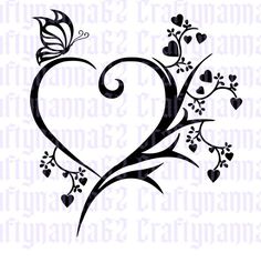 a heart with flowers and butterflies on it's side, in the shape of a tree