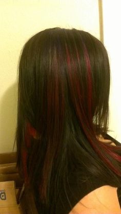 Red And Brown Skunk Stripe Hair, Black Hair With Red Stripes, Black And Red Skunk Stripe Hair, Red Skunk Hair, Highlight Hair Ideas, Red Black Hair, Underdye Hair, Red Hair With Highlights