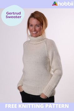 a woman wearing a white knitted sweater with the text free knitting pattern on it