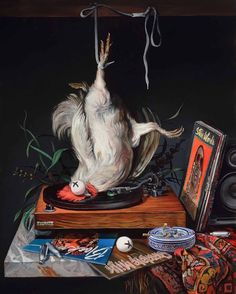 a painting of a dog on top of a record player