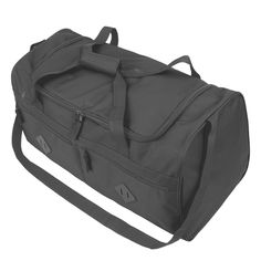 a large black duffel bag sitting on top of a white floor