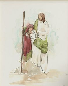 a watercolor painting of a man with a child