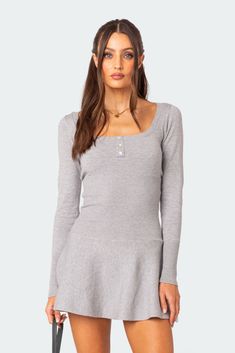 PRODUCT INFO Mini dress Button front detailing Long sleeves Flared skirt Scoop neck Knit fabric Acrilan Model wears size S Model height is 5'9 Item care: Hand wash Button Front Dress, Swimwear Dress, Knit Mini Dress, Button Dress, Flared Skirt, Gray Dress, Flare Skirt, S Models, Set Dress