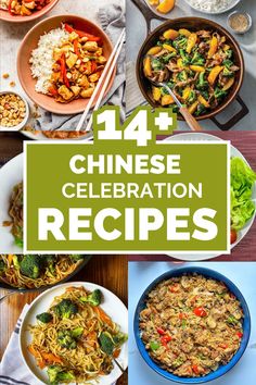 the top ten chinese celebration recipes are shown in this collage with text overlay