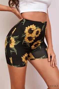 Lasaky - Chic High-Waisted Full Print Shorts in Casual Sportswear Design Sunflower Shorts, Black Sunflower, Custom Sportswear, Sportswear Design, Stretchy Leggings, Casual Sportswear, Leggings Casual, Sunflower Print, Print Shorts