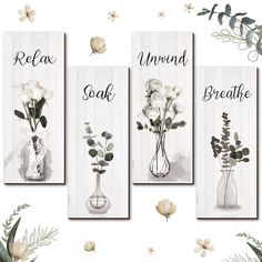 three vases with flowers in them and the words relax, unwind, breathe