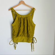 Cross Back Detail Round Neck Tank Mustard Green/ Yellow Color Please Let Me Know If You Need Measurements Sleeveless Olive Top For Summer, Chic Yellow Cotton Crop Top, Mustard Green, Yellow Clothes, Mustard Greens, Anthropologie Top, Green Man, Summer 2024, Yellow Color