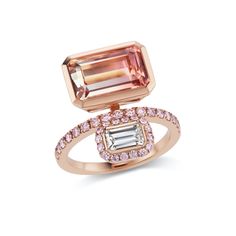 This bi-color tourmaline ring exudes elegance and sophistication. Balancing the beautiful hues of the center gem, the ring features an emerald-cut white diamond with Argyle Pink Diamond halo and eternity band. 4.98ct Emerald Cut Bi Color Tourmaline 0.49ct Argyle 7P/PP Pink Diamonds 0.58ct Emerald Cut White Diamond Ring set in 18K Rose Gold Size 6.5 Argyle Pink Diamonds, Handbags Vintage, Pink Emerald, Pink Diamond Ring, Multicolor Jewelry, Emerald Cut Diamond Ring, Diamond Ring Set, Pink Diamonds, Fairy Clothes