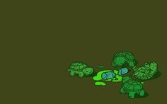 three little turtles are playing with each other