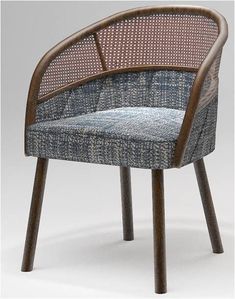 a wooden chair with blue upholstered fabric on the back and armrests