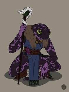 a drawing of a man with a snake on his head and purple clothes, holding a knife