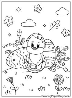 an easter chick sitting in the grass with flowers and leaves around it, coloring page