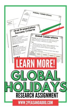 the flyer for global holidays research assignment with text that reads learn more global holidays research assignment