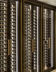 there are many wine racks in the room with glass doors on each side and gold trim around the edges