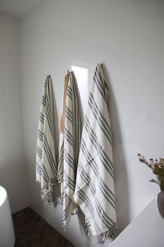 three towels hanging on the wall next to a potted plant and vase with flowers