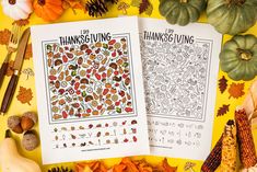 two thanksgiving coloring pages on a yellow background surrounded by autumn leaves, pumpkins and acorns