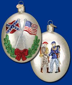 two christmas ornaments with the american and british flags painted on one ornament,