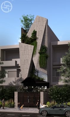 an architectural rendering of a building with plants growing on the side and people walking by