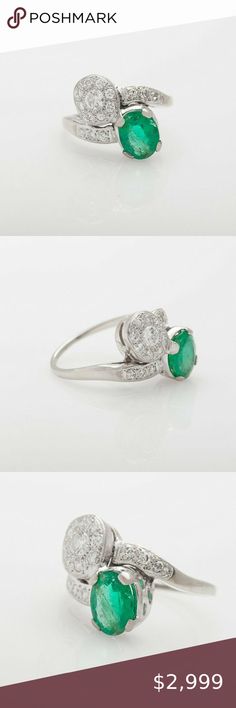 Vintage 1940s RETRO $5000 3ct Emerald Ring Vintage 1940s RETRO $5000 3ct Colombian Emerald Diamond 14k White Gold Ring Set with .75ct in VS G Diamonds including a .25ct ROUND. 2.50ct Natural Colombian Emerald is clean and nice. 3.25cts and retail is $5000. NICE vintage ring and almost 70 years old. Stone: Emerald & Diamond Metal: 14 KT White Gold Ring Size: 7.5 Gram Weight: 5 grams Jewelry Rings Vintage Cluster Emerald Ring For Anniversary, Vintage Emerald Ring With Brilliant Cut For Wedding, Vintage Brilliant Cut Emerald Wedding Ring, Vintage Pear-shaped Brilliant Cut Diamond Ring, Vintage Pear-shaped Diamond Ring With Brilliant Cut, Vintage Emerald Ring With Center Stone, Vintage Platinum Emerald Ring With Round Cut, Vintage Emerald Cut Cluster Ring With Center Stone, Vintage Platinum Emerald-cut Emerald Ring