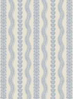 a blue and white striped wallpaper with wavy lines on the bottom, in shades of beige