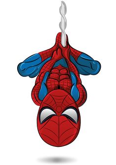 a spiderman hanging upside down with his eyes closed and hands on his head,