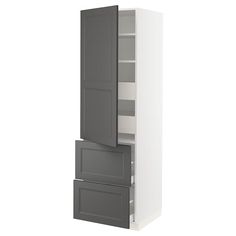 a tall cabinet with two doors and drawers on the bottom, is shown in grey