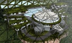 an artist's rendering of a futuristic building surrounded by trees