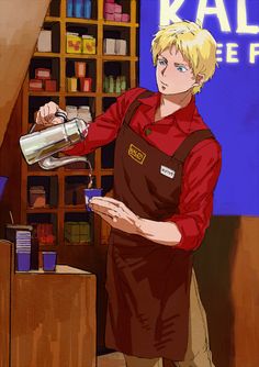 a man pouring something into a cup in front of a book shelf filled with books