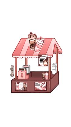 an illustration of a food stand with drinks and snacks on the top, in pink