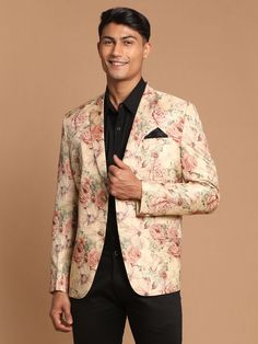 Vastramay Men's Beige Silk Blend Floral Print Blazer Formal Floral Print Suits For Spring, Spring Formal Suit With Floral Print, Spring Floral Print Formal Suits, Formal Blazer With Floral Print, Silk Long Sleeve Blazer With Floral Print, Beige Semi-formal Spring Suits, Elegant Multicolor Blazer With Notch Lapel, Tailored Floral Print Outerwear For Formal Occasions, Tailored Formal Blazer With Floral Print