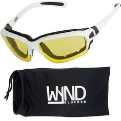 WYND Blocker Halvert Model 331 features a removable wind resistant EVA foam liner, option to convert to goggles with included backstrap, rubberized removable ear grips, and polycarbonate shatter proof lenses. Size: One Size.  Color: White. Wind Blocking, Glasses Model, Motorcycle Goggles, Automotive Apparel, Dry Eye, Motorcycle Riding, Riding Motorcycle, Dry Eyes, Face Design