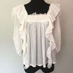 Brand New With Tags From Nordstrom’s $59 Melrose & Market Ivory Sheer Boho Ruffle Top With Beautiful Floral Embroidery In Front Size Xs 18” Across From Pit To Pit 21” In Length White Bohemian Top With Ruffles, Summer Off White Ruffled Blouse, Off White Fitted Ruffle Tops, Fitted Off White Tops With Ruffles, Off White Ruffled Blouse For Brunch, Off White Ruffled Tops For Day Out, Feminine Off-white Top With Ruffles, Feminine Off White Ruffled Top, White Ruffled Blouse